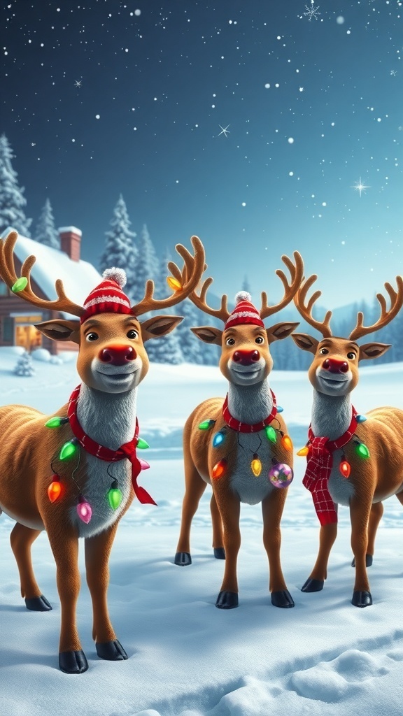 A group of joyful reindeer decorated with Christmas lights in a snowy landscape.